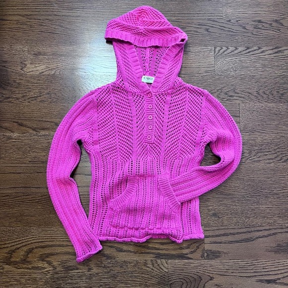 Vintage Tops - y2k vintage hot pink knit button up henley hooded sweater xs
